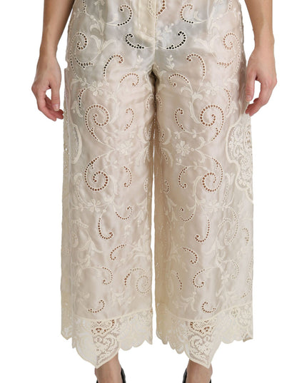 Dolce & Gabbana Cream Lace High Waist Palazzo Cropped Pants