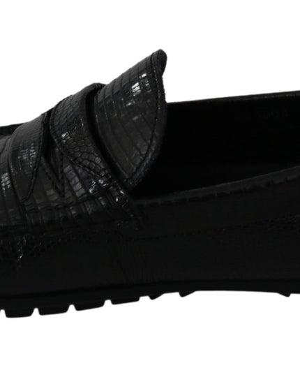 Dolce & Gabbana Black Lizard Leather Flat Loafers Shoes
