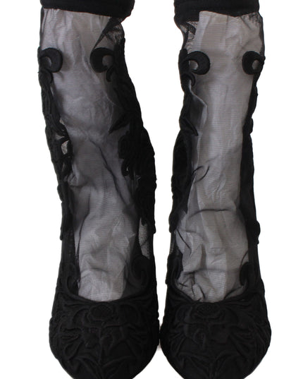 Dolce & Gabbana Black Roses Stilettos Booties Socks Shoes