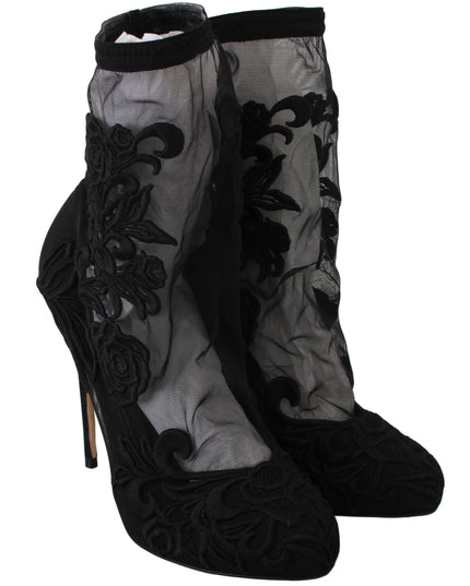 Dolce & Gabbana Black Roses Stilettos Booties Socks Shoes