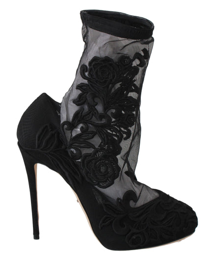 Dolce & Gabbana Black Roses Stilettos Booties Socks Shoes