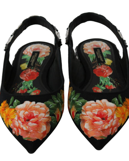 Dolce & Gabbana Black Floral Crystal Slingbacks Flats Shoes