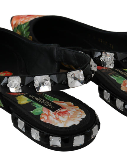 Dolce & Gabbana Black Floral Crystal Slingbacks Flats Shoes