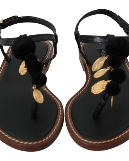 Dolce & Gabbana Black Leather Coins Flip Flops Sandals Shoes