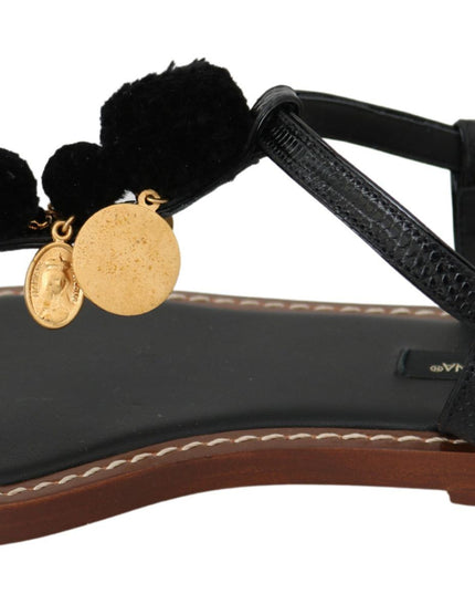 Dolce & Gabbana Black Leather Coins Flip Flops Sandals Shoes