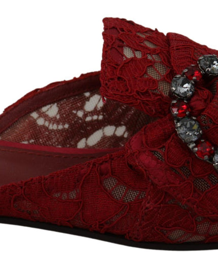 Dolce & Gabbana Red Lace Crystal Slide On Flats Shoes