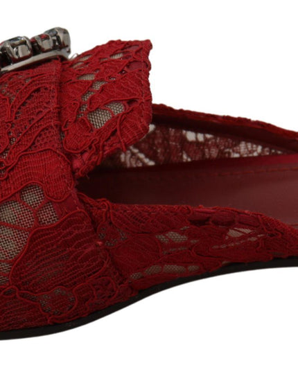 Dolce & Gabbana Red Lace Crystal Slide On Flats Shoes