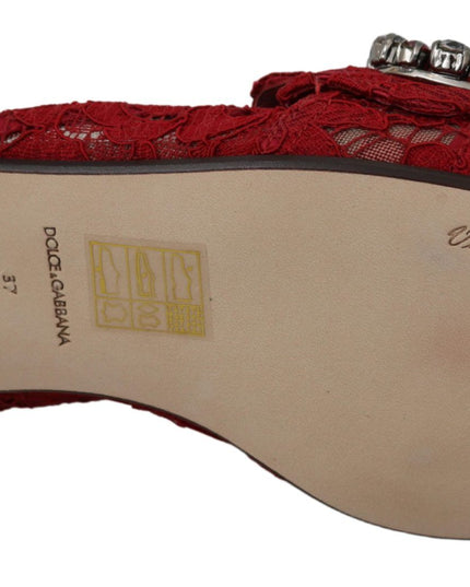 Dolce & Gabbana Red Lace Crystal Slide On Flats Shoes