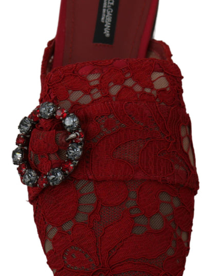 Dolce & Gabbana Red Lace Crystal Slide On Flats Shoes