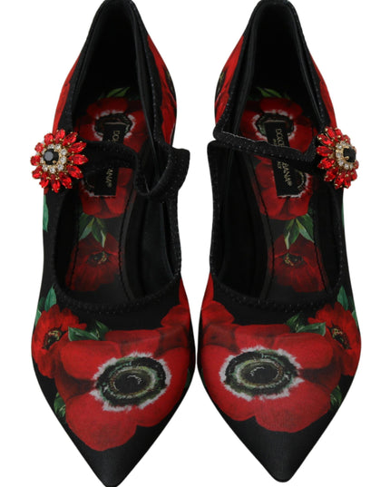 Dolce & Gabbana Black Red Floral Mary Janes Pumps Shoes