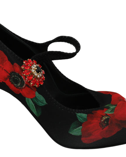 Dolce & Gabbana Black Red Floral Mary Janes Pumps Shoes