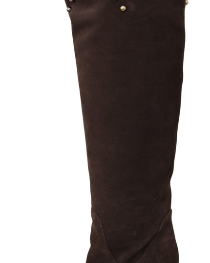 Dolce & Gabbana Brown Suede Studded Knee High Shoes Boots