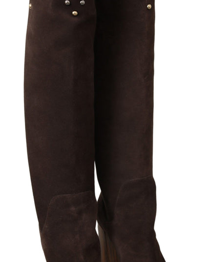 Dolce & Gabbana Brown Suede Studded Knee High Shoes Boots