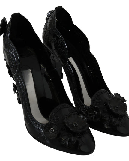 Dolce & Gabbana Black Floral Crystal CINDERELLA Heels Shoes
