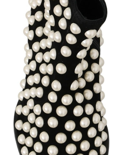 Dolce & Gabbana Black Suede Pearl Studs Boots Shoes