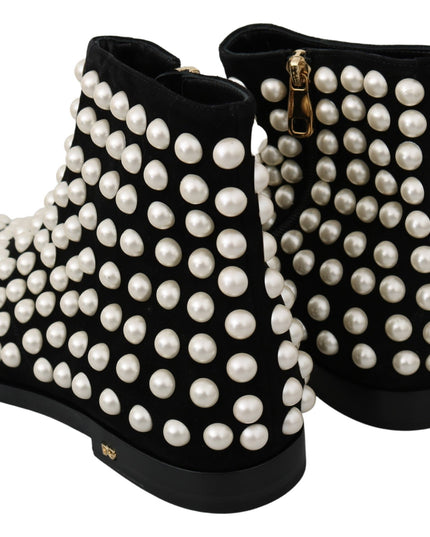 Dolce & Gabbana Black Suede Pearl Studs Boots Shoes