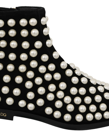 Dolce & Gabbana Black Suede Pearl Studs Boots Shoes