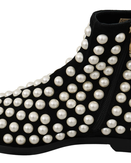 Dolce & Gabbana Black Suede Pearl Studs Boots Shoes