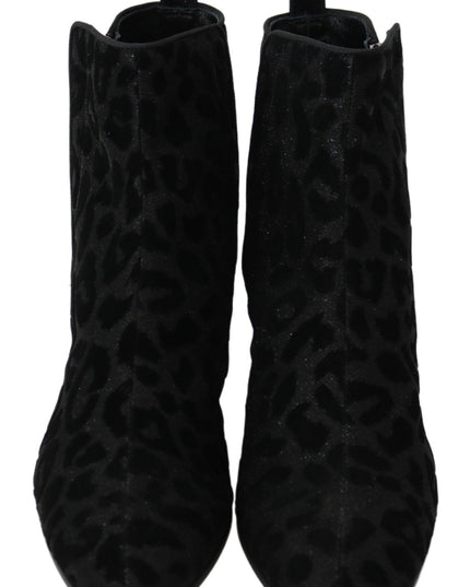 Dolce & Gabbana Black Leopard Short Boots Zipper Shoes