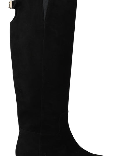 Dolce & Gabbana Black Suede Knee High Flat Boots Shoes
