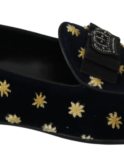 Dolce & Gabbana Blue Velvet Crown Slippers Loafers Shoes