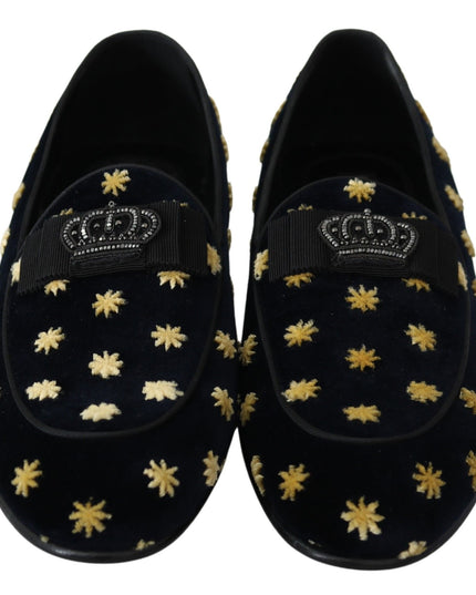 Dolce & Gabbana Blue Velvet Crown Slippers Loafers Shoes