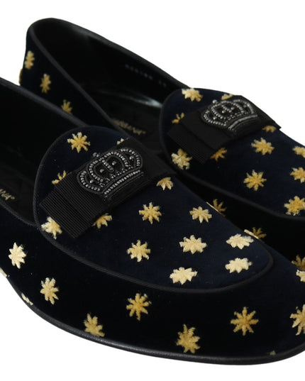 Dolce & Gabbana Blue Velvet Crown Slippers Loafers Shoes