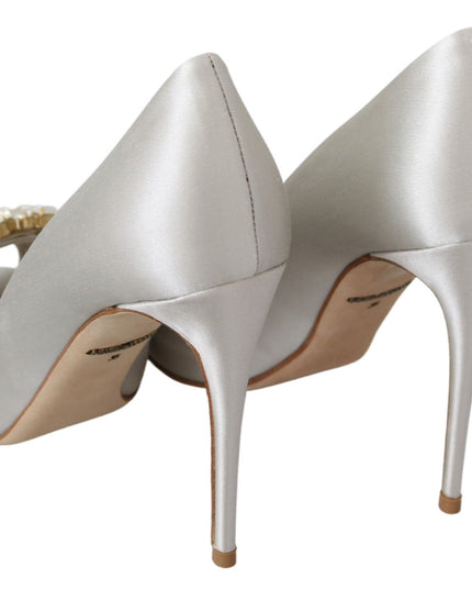 Dolce & Gabbana White Crystals Peep Toe Heels Satin Pumps Shoes