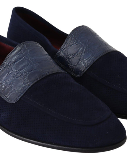 Dolce & Gabbana Blue Suede Caiman Loafers Slippers Shoes