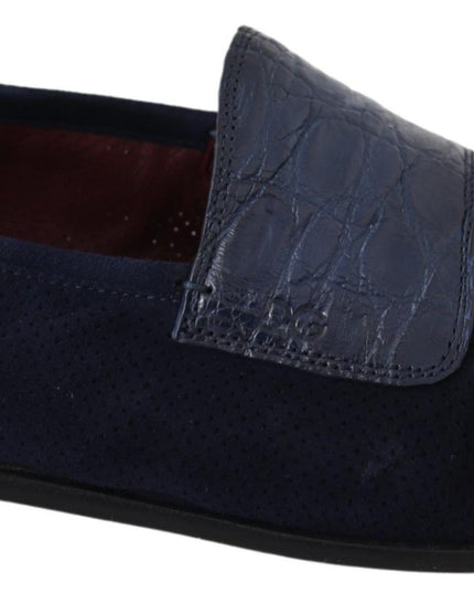 Dolce & Gabbana Blue Suede Caiman Loafers Slippers Shoes