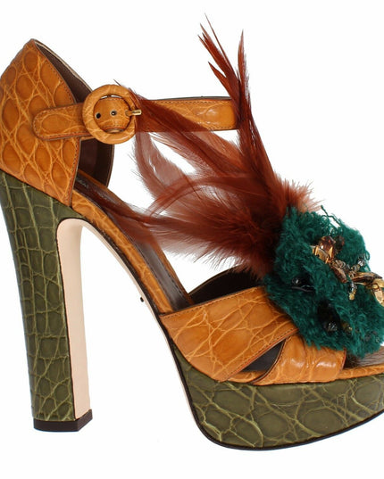 Dolce & Gabbana Orange Leather Crystal Platform Sandal Shoes