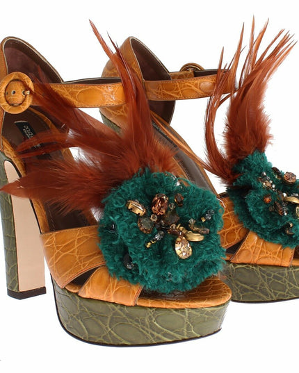 Dolce & Gabbana Orange Leather Crystal Platform Sandal Shoes