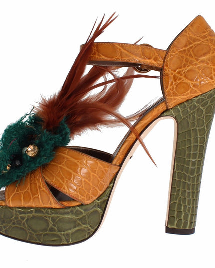 Dolce & Gabbana Orange Leather Crystal Platform Sandal Shoes