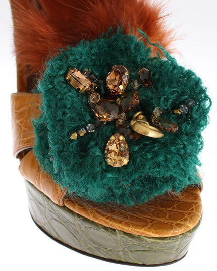 Dolce & Gabbana Orange Leather Crystal Platform Sandal Shoes