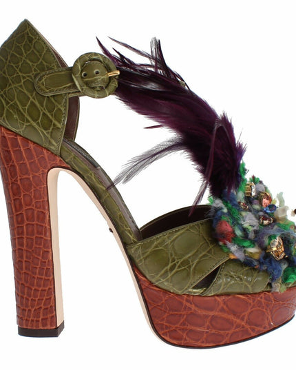 Dolce & Gabbana Green Leather Crystal Platform Sandal Shoes