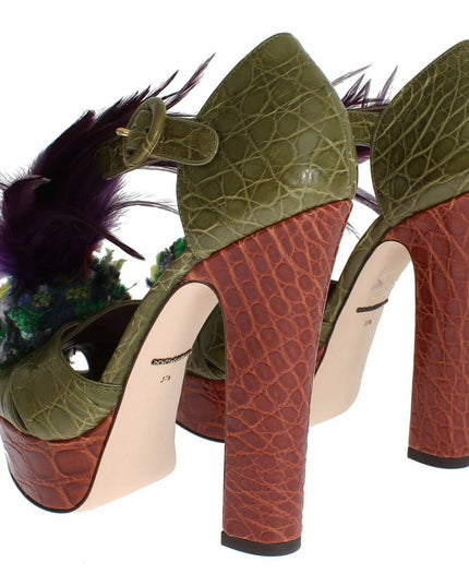 Dolce & Gabbana Green Leather Crystal Platform Sandal Shoes