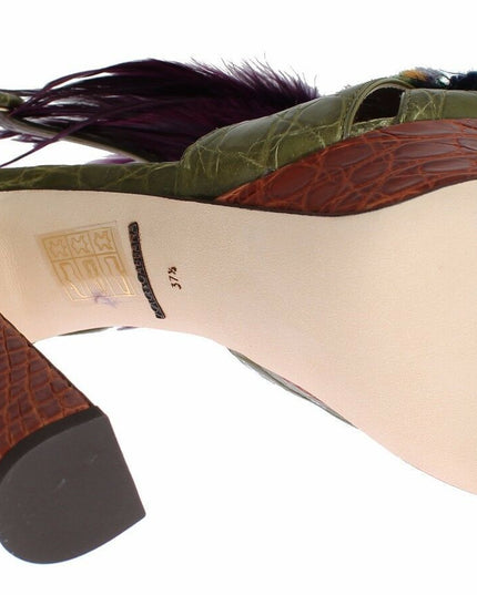 Dolce & Gabbana Green Leather Crystal Platform Sandal Shoes