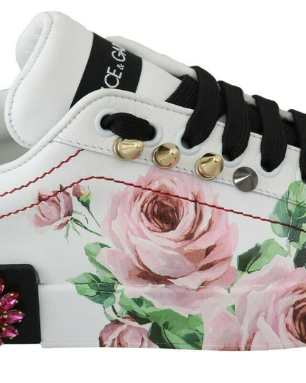 Dolce & Gabbana White Leather Crystal Roses Floral Sneakers Shoes