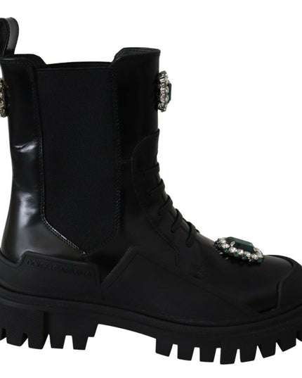 Dolce & Gabbana Black Leather Crystal Combat Boots