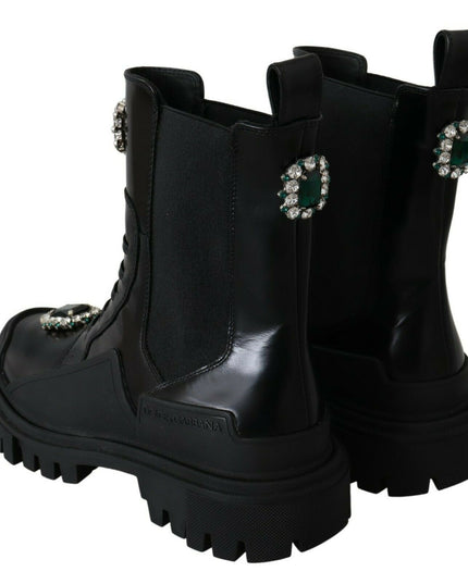 Dolce & Gabbana Black Leather Crystal Combat Boots