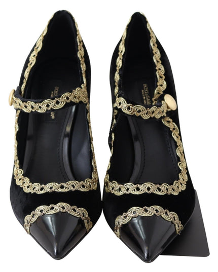 Dolce & Gabbana Black Velvet Gold Mary Janes Pumps