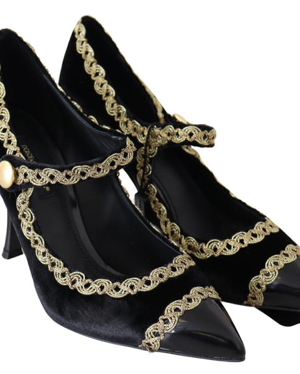 Dolce & Gabbana Black Velvet Gold Mary Janes Pumps