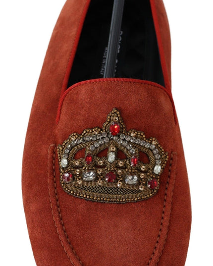 Dolce & Gabbana Orange Leather Crystal Crown  Loafers Shoes