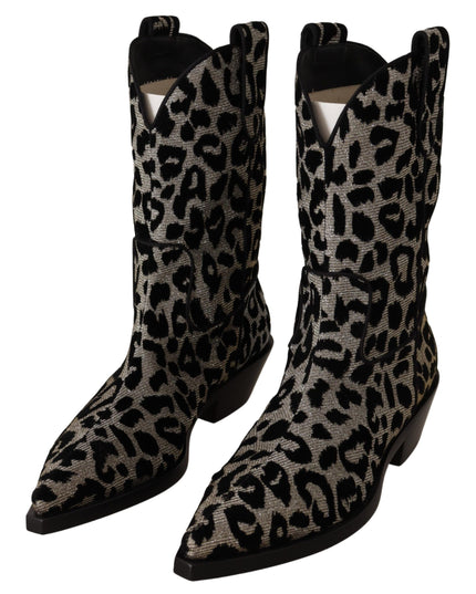 Dolce & Gabbana Gray Black Leopard Cowboy Boots Shoes
