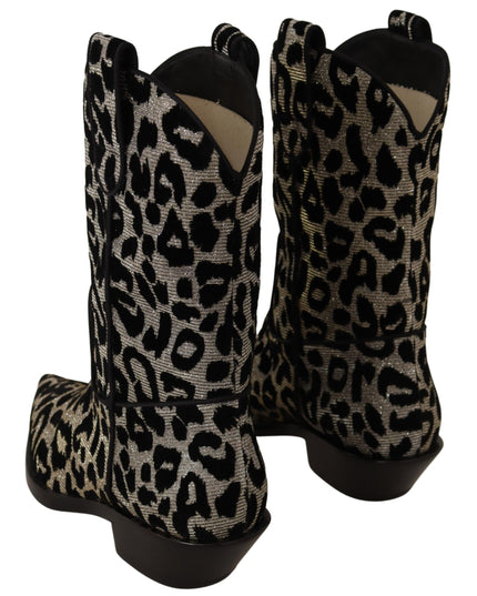 Dolce & Gabbana Gray Black Leopard Cowboy Boots Shoes