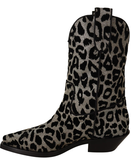 Dolce & Gabbana Gray Black Leopard Cowboy Boots Shoes