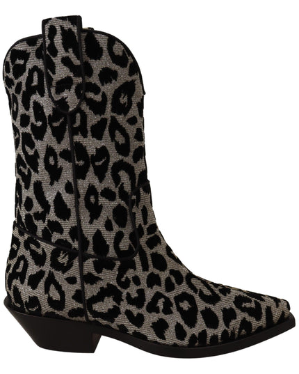 Dolce & Gabbana Gray Black Leopard Cowboy Boots Shoes