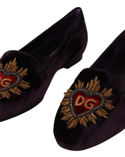 Dolce & Gabbana Purple Velvet DG Heart Loafers Flats Shoes