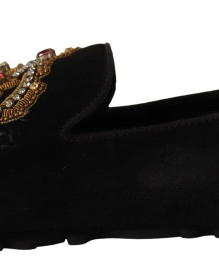 Dolce & Gabbana Black Leather Crystal Gold Crown Loafers Shoes