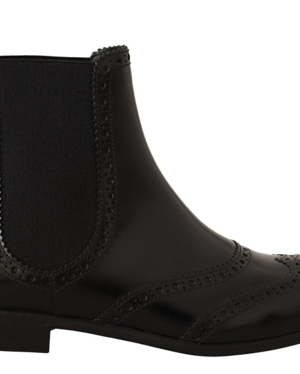 Dolce & Gabbana Black Leather Ankle High Flat Boots Shoes